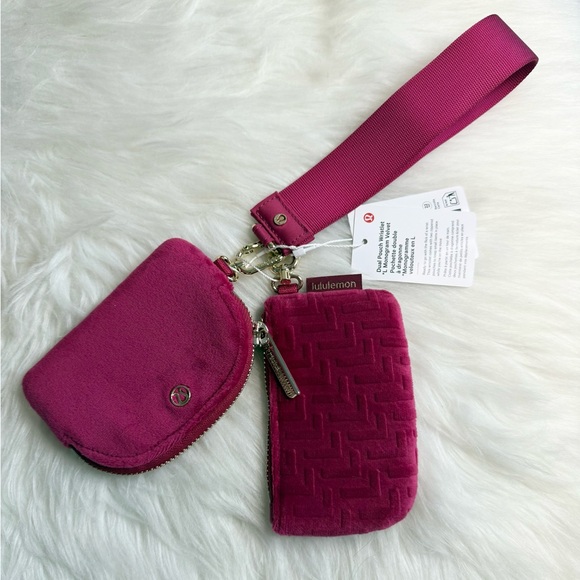 Lululemon Dual Pouch Wristlet *L Monogram Velvet Keychain BRML Pink New